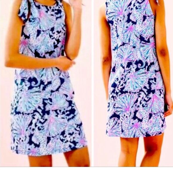 Lilly Pulitzer Luella Deep Sea Navy Blue and Pink Shells Bells Midi Dress, Small - Picture 1 of 6